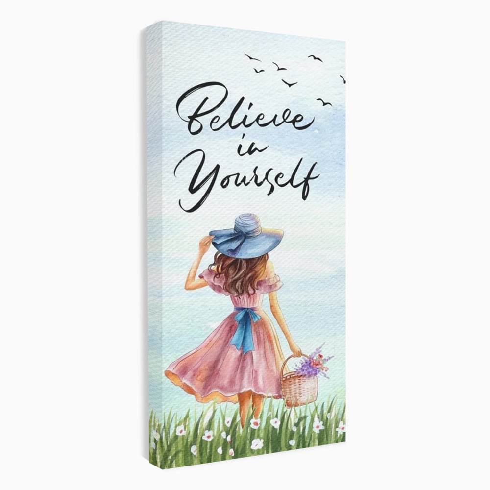 Tablou canvas cu ilustratie cu femeie si mesaj motivational, fara rama, pe sasiu de lemn